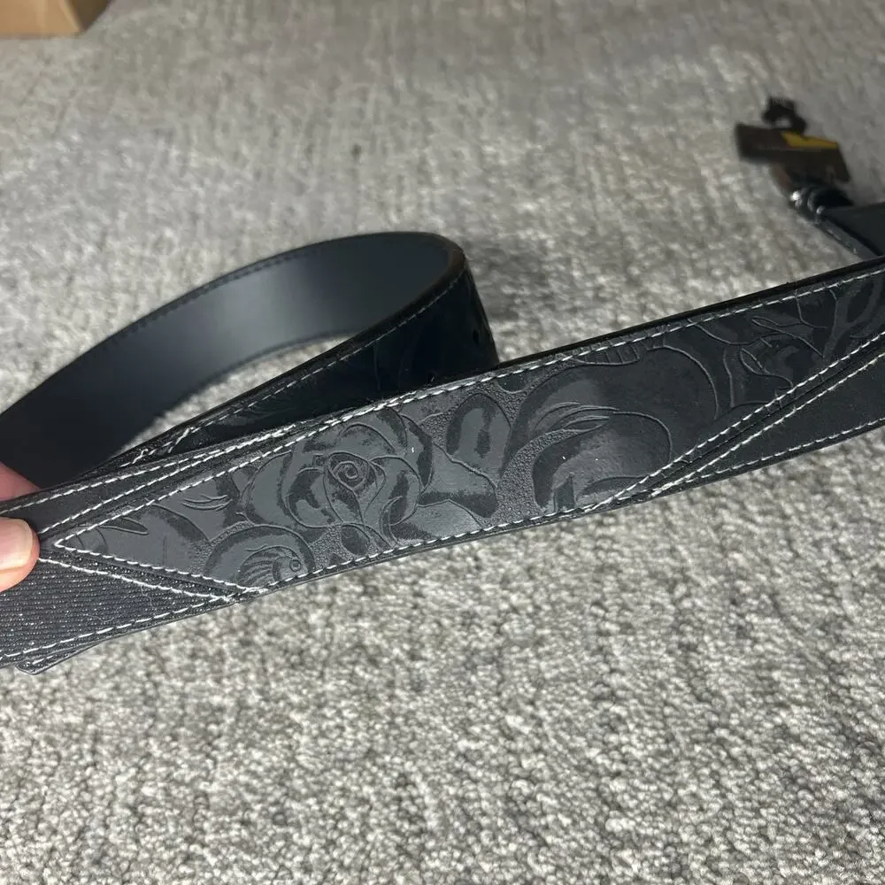 No Boundaries Women's Belt Black Vegan Embossed Leather Rose M/L NWT